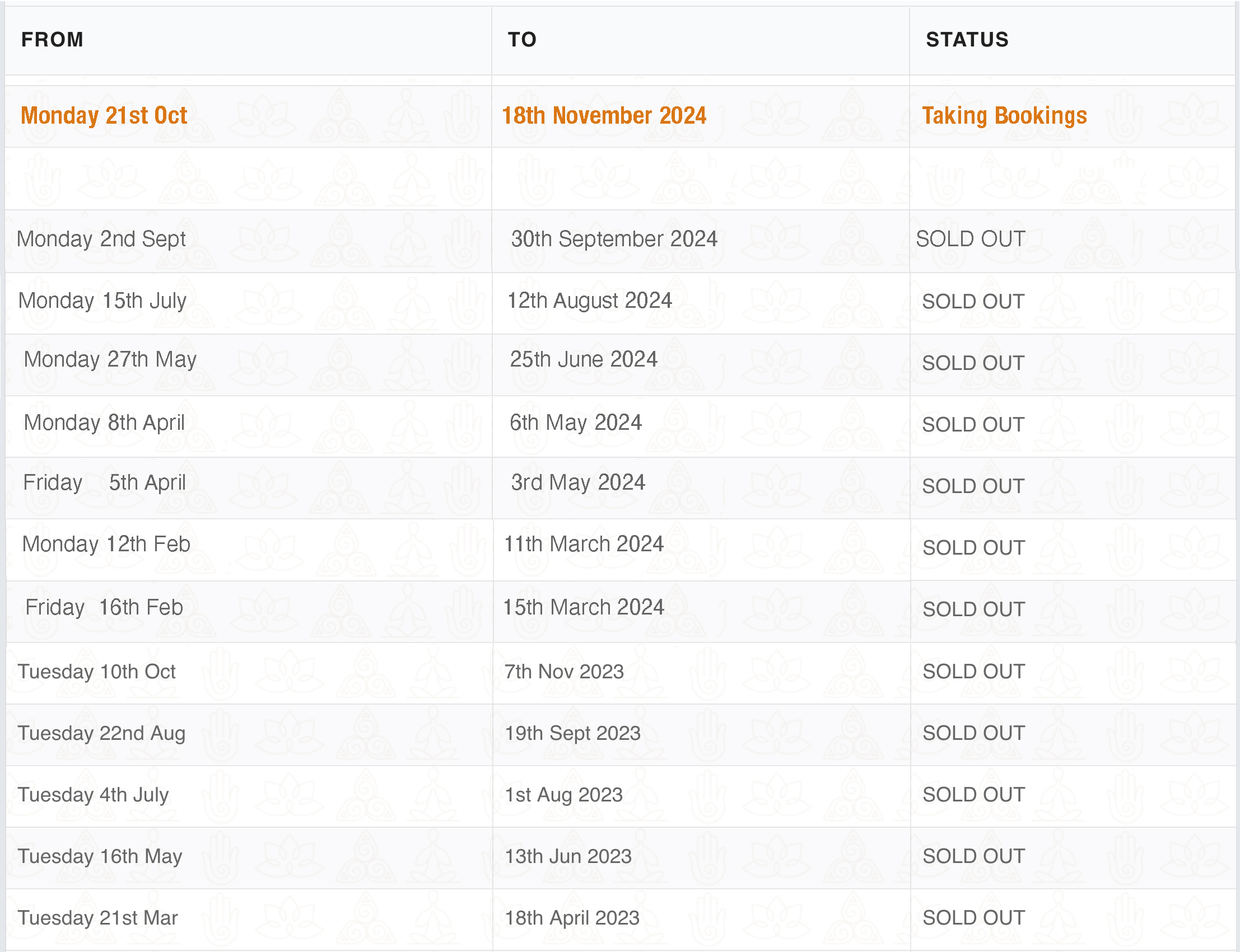 New Meditation course dates by Senka timetable October 2024, Monday