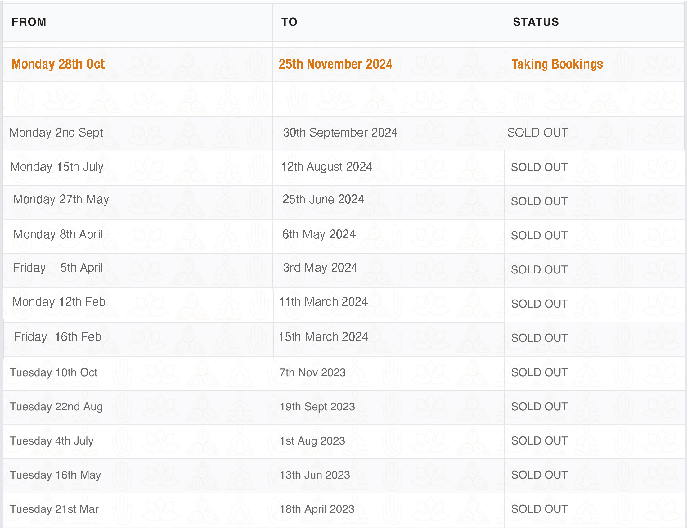 New Meditation course dates by Senka timetable October 2024, Monday